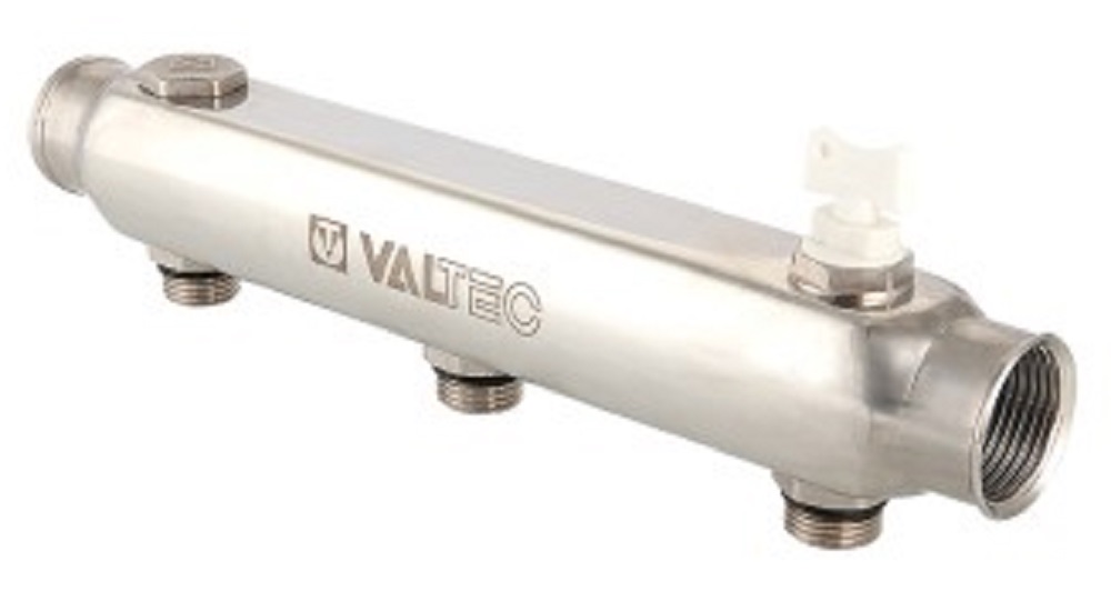 Коллектор с межосевым расстоянием выходов 100 мм, 3 выхода 1 1/2"x3/4" НР VALTEC, нержавеющая сталь