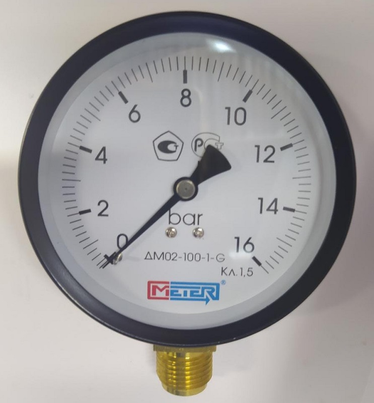 Манометр с нижним подключением 1/2", ДМ 02-100-1-G DN 100 мм, 0-16 бар МЕТЕР, класс точности 1,5