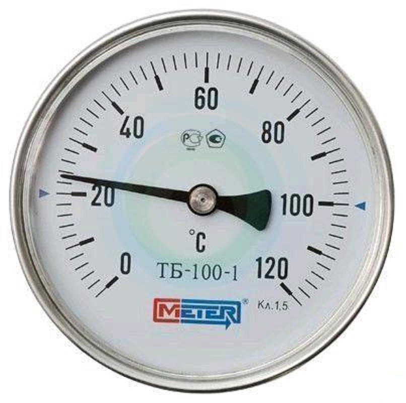 Термометр биметаллический ТБ-100-1 DN 100, 0-160 °С МЕТЕР, длина штока 40 мм, класс точности 1,5